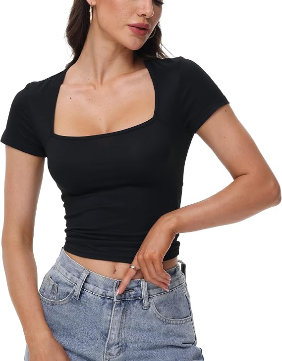 Womens Sexy Square Neck Short Sleeve Casual Fashion Shirt Basic Slim Fit T Shirts
