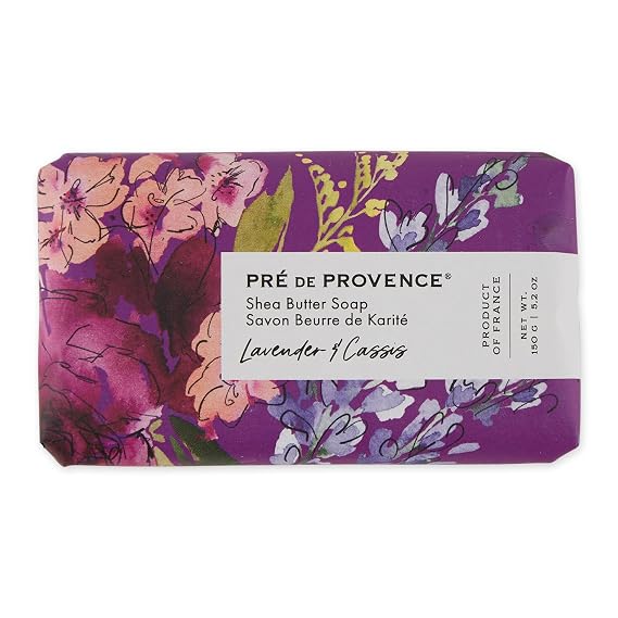 Pre de Provence Wrapped Artisanal Soap Bar, Organic Shea Butter Enriched, Natural French Skincare, Quad Milled for a Rich Smooth Lather, Lavender & Cassis, 150 Gram