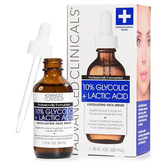 Advanced Clinicals Exfoliating 10% Glycolic Acid Serum For Face + Lactic Acid | Facial Exfoliant AHA + Salicylic Acid Serum, 1.75 FL Oz