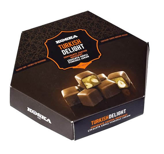 Chocolate Coated Turkish Delight by Koska | Giftable Small Size Snacks 5 oz-140 gr | Sweet Luxury Traditional Confectionery Vegetarian Soft Candy Dessert Lokum Approx.19 Pcs (Hazelnut)