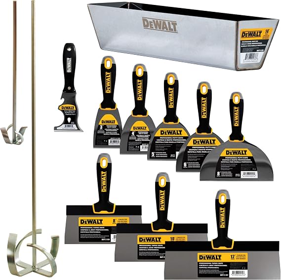 DEWALT DELUXE Stainless Hand Tool Set | 8/10/12" Taping Knives, 3/4/5/6/8" Putty Knives, 2 Mud Mixers + FREE BONUS 14" Mud Pan | DXTT-3-609