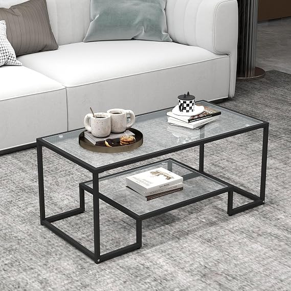 42" Rectangular Glass Coffee Table for Living Room, 2-Tier Center Tea Table with Metal Frame for Small Space, Apartment, Office (Black)