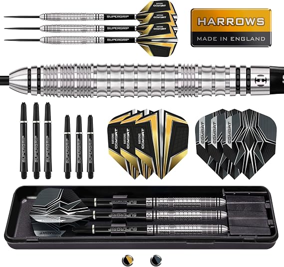 Harrows Combat Darts Set with 90% Tungsten Steel Tip 21g to 30g All Weights Available Huge 17 Piece Bundle with Spare Shafts Prime Flights and Travel Case