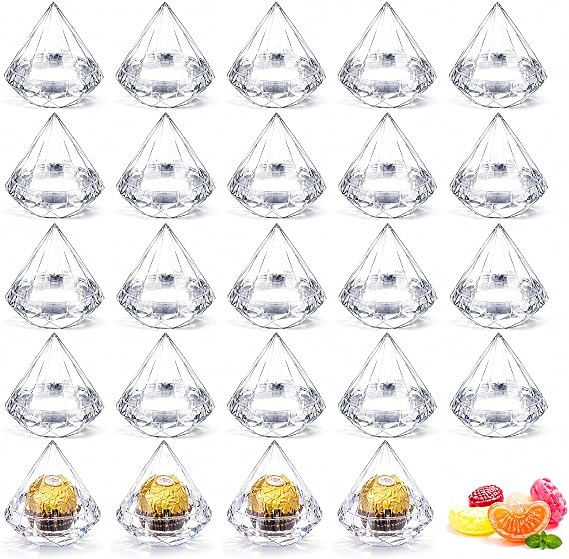 Jucoan 24 Pack Clear Favor Boxes, Diamond Shape Candy Boxes, 3 x 3 Inch Clear Plastic Wedding Party Favor Candy Box Gift Box for Wedding, Baby Shower, Bridal Shower, Valentines Day Party
