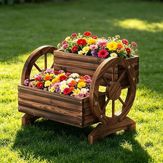 Wooden Wagon Planter Cute Garden Flower Pots Cart with wheels, Outdoor Decoration decor Indoor, Drainage hole, Garden decor for succulents herbs veggies for porch patio balcony (Carbonized, Medium)