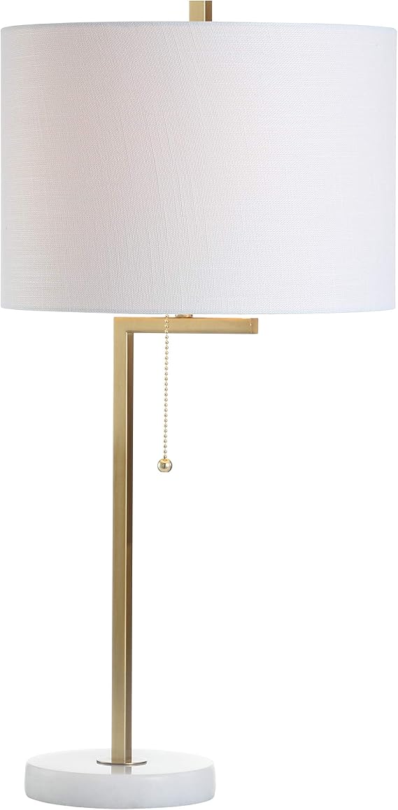 JONATHAN Y Alyssa Table Lamp 24.5" Metal Marble, Brass Gold/White | Linear Modern Design, Linen Drum Shade, Pull Chain Switch, Living Room and Office Desk Light, LED Bulb Included