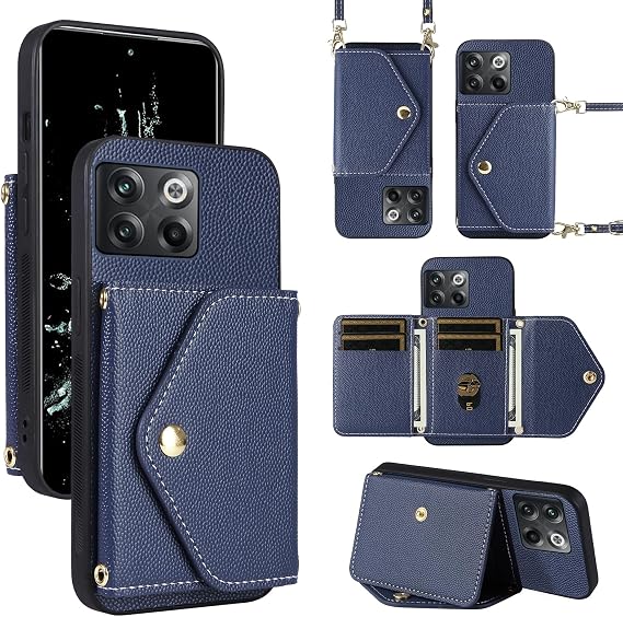 Phone Cover for OnePlus 10T Cash Pocket Shoulder Strap Card Slots Men Blue | Shockproof Protective Thin Slim Flip Purse,PU Leather Minimalist Wallet Case for On 1Plus 1 + Plus10T 1+ AcePro Women