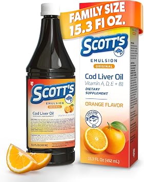 SCOTT'S EMULSION Cod Liver Oil Liquid for Kids | Omega 3 Fish Oil for Kids with Vitamins A, D & E | Orange Flavor Fish Emulsion | Family Wellness & Immune Support Supplement | 15.3 Fl Oz | 1-Pack