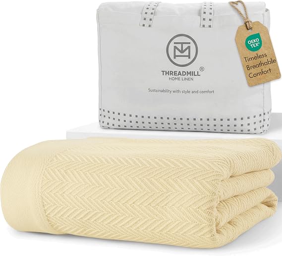 Threadmill Vanilla Cream 100% Combed Cotton King Size Blanket, All-Season Soft Breathable Light Weight Herringbone Throw