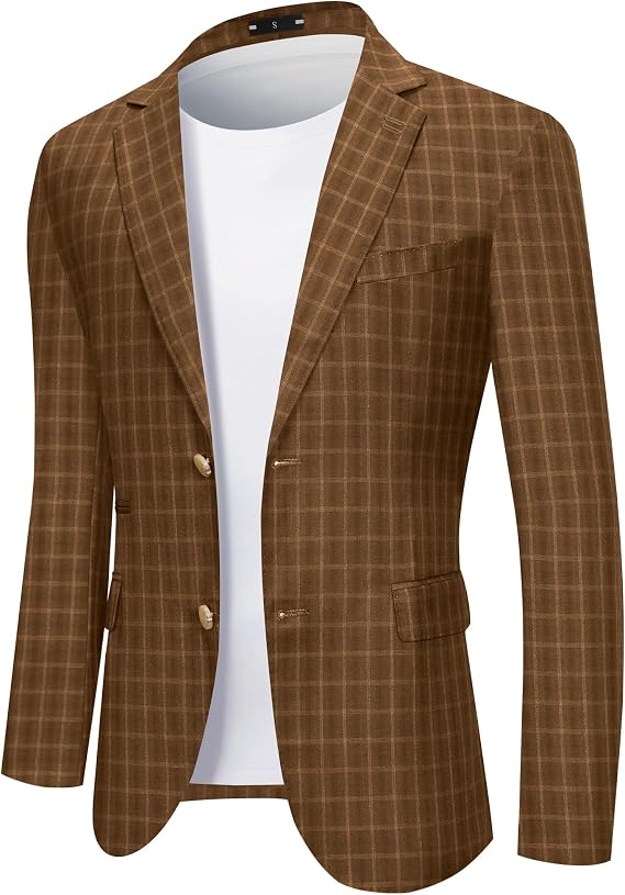 Mens Blazer Slim Fit Stripes Plaid Casual Sport Coats Two Buttons