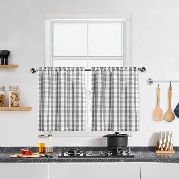 Gray White Buffalo Plaid Cafe Curtains 36 Inches Long
