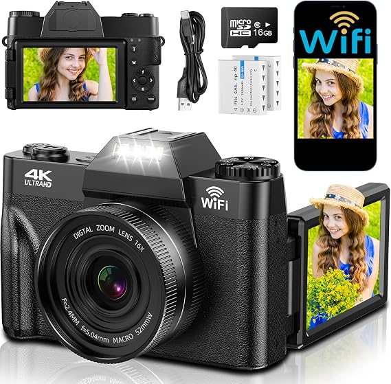 Digital Camera 4K 75MP with Wi-Fi 2 x 1500 mAh Batteries Auto Focus Camera