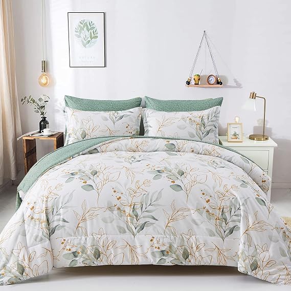 WONGS BEDDING Botanical Comforter Set Full, 7 Pieces Floral Reversible Bed in a Bag Green Leaves Bedding Set Soft Microfiber Full (1 Comforter,2 Pillowcase,2 Pillow Shams,1 Flat Sheet,1 Fitted Sheet)