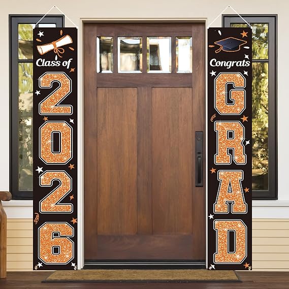 KMUYSL Graduation Decorations Class of 2026, Orange & Black Congrats Grad Banner Hanging Flags Porch Sign, 2026 Graduation Decorations Party Supplies for Any School Indoor/Outdoor Decor