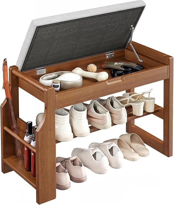 Pipishell 26" Pine Wood Shoe Bench Entryway with Soft Cushion and Storage