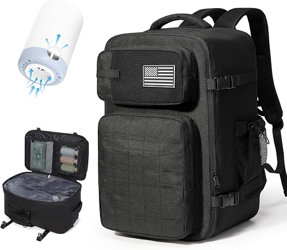 Vacuum Travel Tactical Backpack with Air Pump Carry on Flight Approved Personal item Large Tool Hiking Compression Gym Backpack Vacuum Seal Bags for Clothing Travel Women Men Mochila de Viaje Black