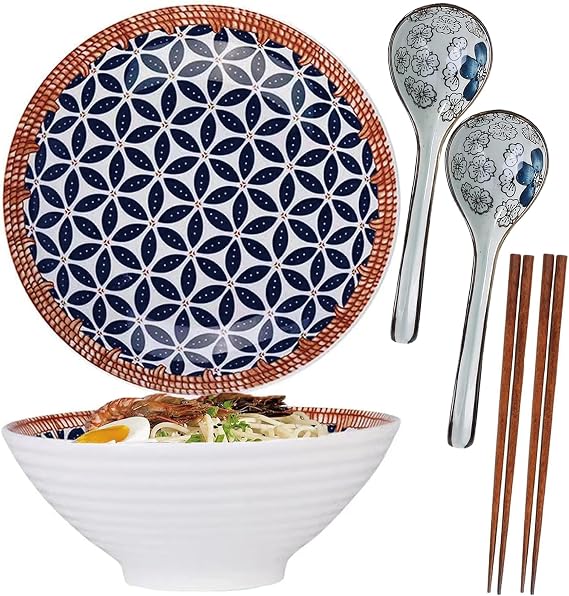 2Set Ceramic Ramen Bowl Set,Large Porcelain Japanese Bowl,1100ml Japanese Noodle Soup Bowl,with Spoon Chopsticks,Salad Bowls (H)