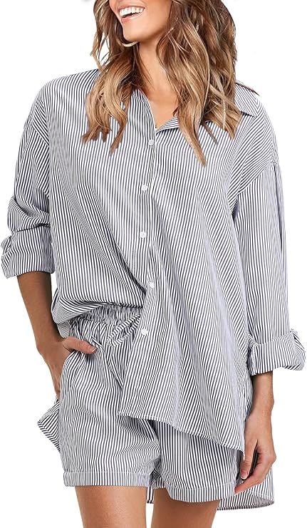 EXLURA Womens 2 Piece Sets Summer Cotton Long Sleeve Shirts Matching Shorts