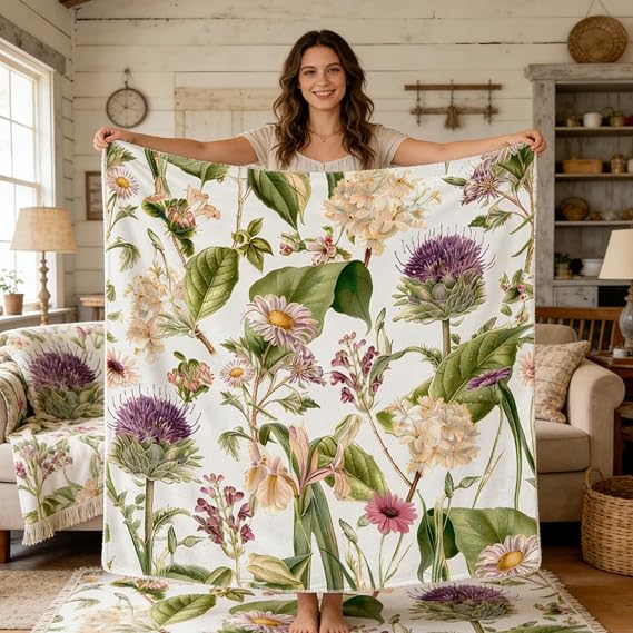 yuboo Spring Green Watercolor Floral Throw Blanket, Soft Flannel Fleece for Couch Bed, Mother's Day & Birthday Gifts for Women Mom Girls, Lightweight Botanical Decorative Throw, 50x60 Inch