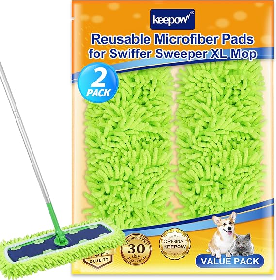 KEEPOW Reusable Microfiber Mop Pads Compatible with Swiffer XL Mop, 2 Pack