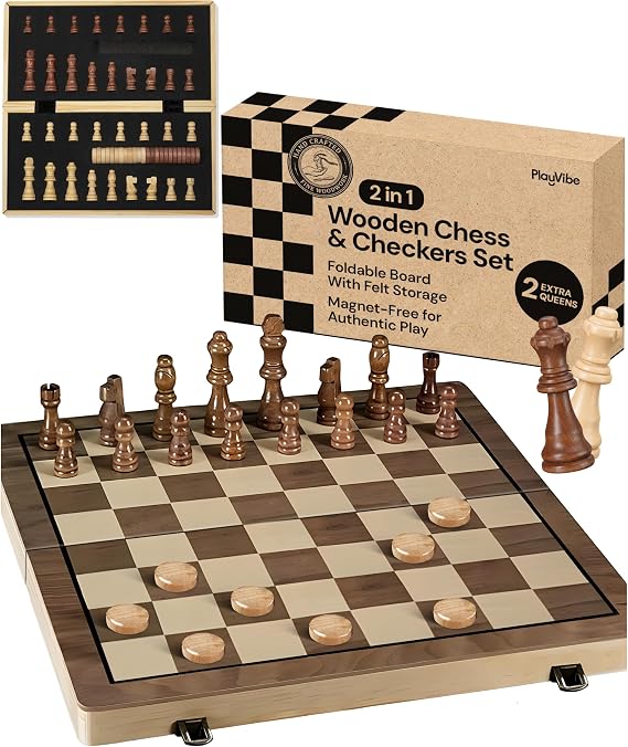 PlayVibe Wooden Chess Set 15'' & Checkers Board Games for All Players with 2 Extra Queens - Handmade Classic Wooden Chess Board, Portable & Folding Playtime Boards, Beginner & Professional Use
