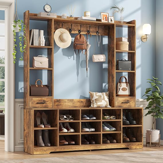 Nosepen 61.6" H White Hall Tree with Bench and Shoe Storage, 6-in-1 Multi-Functional Entryway Bench with 2 Drawers, 5 Coat Racks, Shoe Rack with 13 Shoe Cubbies, Entryway Storage Organizer, Brown
