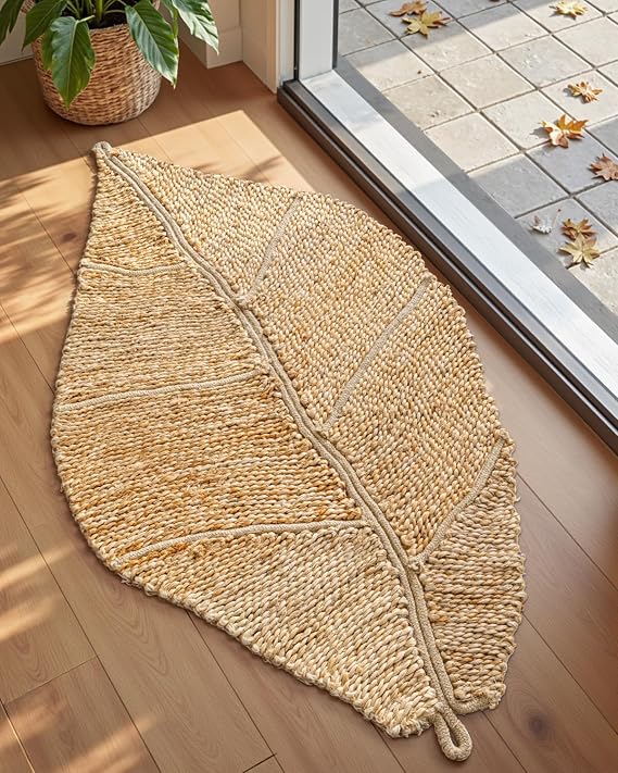 DEXI Jute Door Mat 24x36, Leaf Shaped Inside Entry Mat, Beige | Handmade Natural Fiber Doormat, NonSlip Dirt Trapper Rug for Indoor Entryway, Farmhouse Home Decor