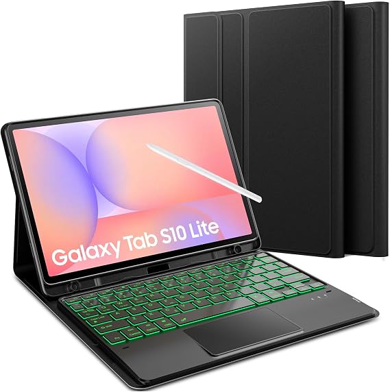 for Samsung Galaxy Tab S10 Ltie S10 FE S9 FE 10.9'' Case with Keyboard 7 Color Backlit Magnetically Detachable Keyboard with Touchpad Stain-Resistant PU Flip Tablet Sleeve Cover with Pen Slot
