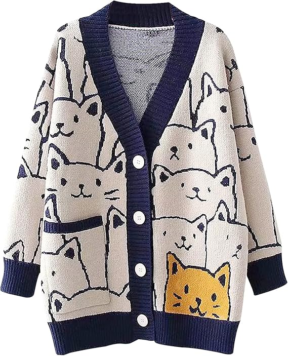Arssm Cat Sweater for Women Oversized Cute Kawaii V Neck Cardigan