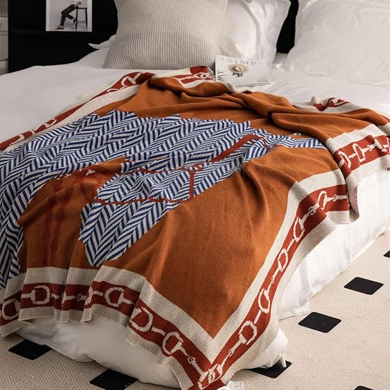 Equestrian Knit Blanket - Wool Blend Throw with Horse Pattern, Decorative Western Style Blanket for Bed, Sofa, Couch, All Season Use(Orange)