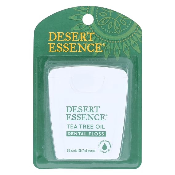 Desert Essence Tea Tree Oil Dental Floss - 50 Yards - Naturally Waxed w/ Beeswax - Thick Flossing No Shred Tape - On The Go - Removes Food Debris Buildup - Cruelty-Free Antiseptic