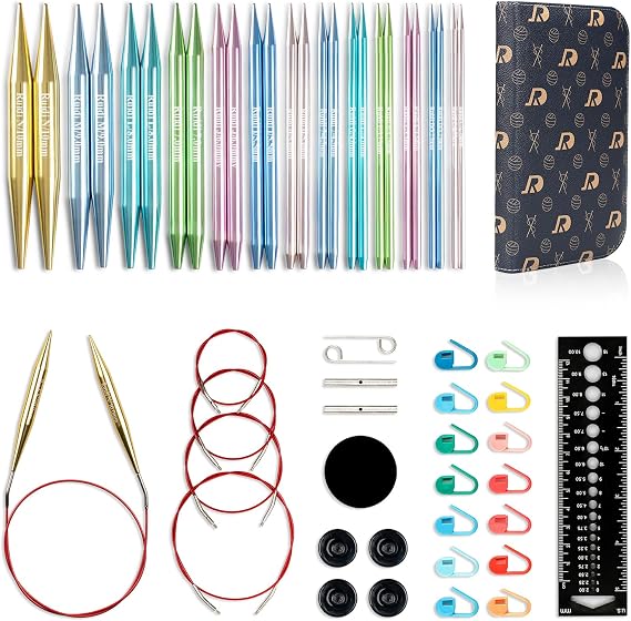 RUIDI Circular Knitting Needles Set, 13 Sizes Aluminium Interchangeable Circular Knitting Needles Set with Case & Accessories, 4"