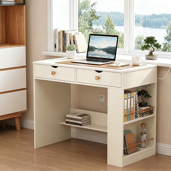Vanity Desk with Flip Top Mirror and Side Organizer, White