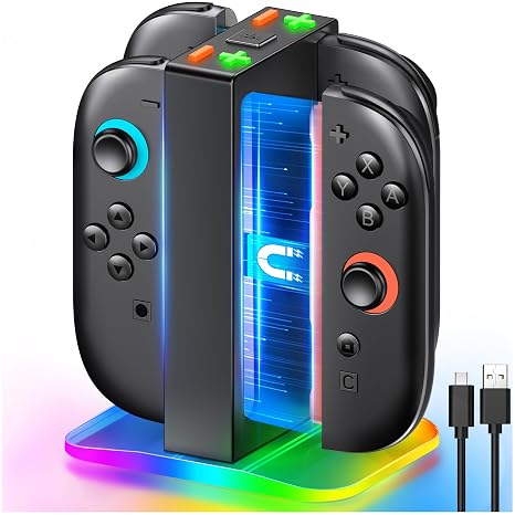 Upgraded Switch 2 Charging Dock for Nintendo Switch 2 Joycons, 4-in-1 Magnectic Controller Fast Charging Station with Adjustable 8 RGB Lights, Compact Desktop Stand for Bedroom & Gaming Setup,S