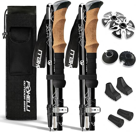Foxelli Lightweight Trekking Poles Compact Walking Sticks with Quick Locks, Ergonomic Cork Grip & All-Terrain Accessories Adjustable Collapsible Poles for Travel & Hiking
