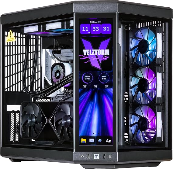 Velztorm LCD Black Praetix Custom Built Y70 Touch Gaming Desktop PC (GeForce RTX 5090 32GB (>4090), Liquid Cooled Intel i9-14900K, 32GB DDR5, 2TB PCIe SSD, 1000W PSU, WiFi 6E, Win11Pro)