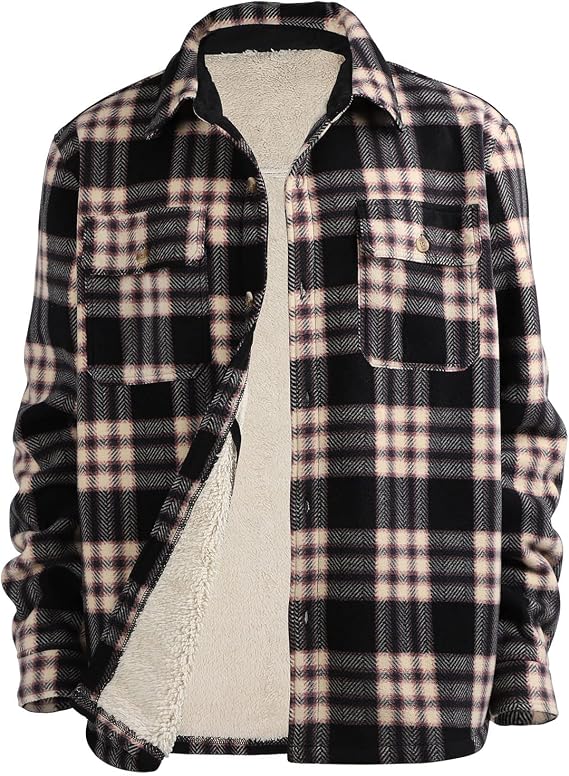 Facitisu Hoodies for Men Sherpa Lined Heavyweight Flannel Jackets Fleece Plaid Winter Warm Coats
