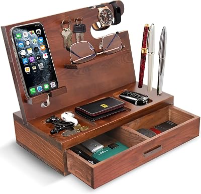 Wood Phone Docking Station, Nightstand Organizer for Men, Gifts for Men, Cell Phone Stand with Drawer, Watch Holder Wallet Station Key Holder Birthday Gifts for Dad, Bedside Table Organizer