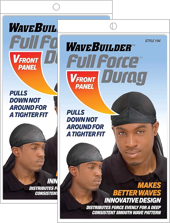 Wavebuilder Full Force V-Front Durag, Black, 2-Pack