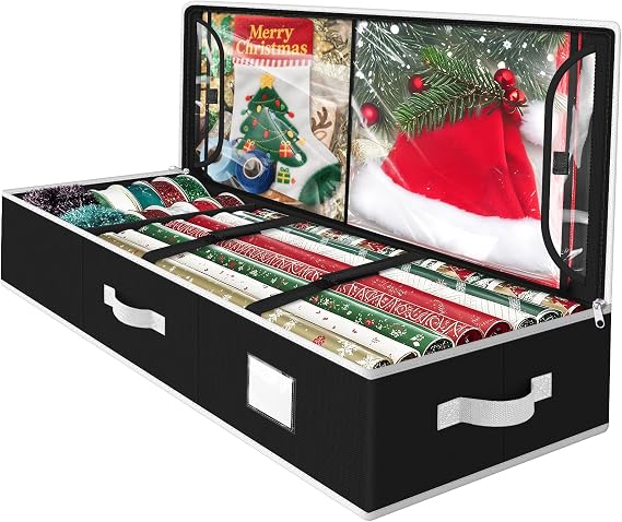 Wrapping Paper Organizer Storage, Christmas Wrapping Paper Storage, Black | Under-bed Design, Flexible Divider, Interior Pockets, for Christmas Decorations, Ribbon, Accessories Storage