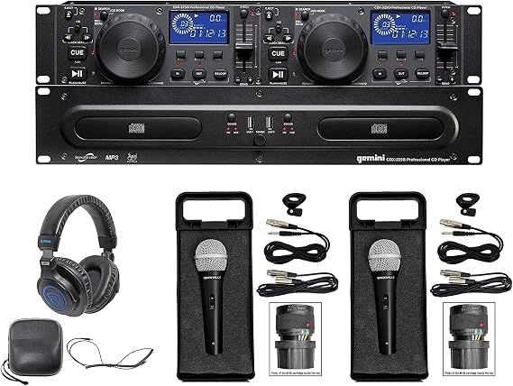 Audiosavings Bundle: Gemini CDX-2250i Dual Two Deck Mount Media Player Bundle with Rockville DJ1500 DJ Headphones w/Cable & (2) Rockville RMC-XLR High-End Handheld Wired Microphone (4 Items)