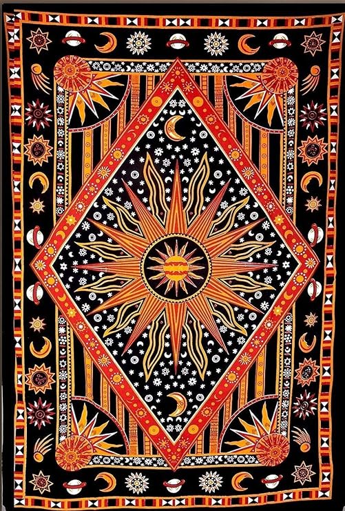 ANJANIYA Burning Sun Tie Dye Tapestry, Celestial Sun Moon Star Planet Bohemian Poster Tapestry Tarot Wall Hanging Boho Hippie Hippy Beach Coverlet Curtain (Orange, 30"X40")