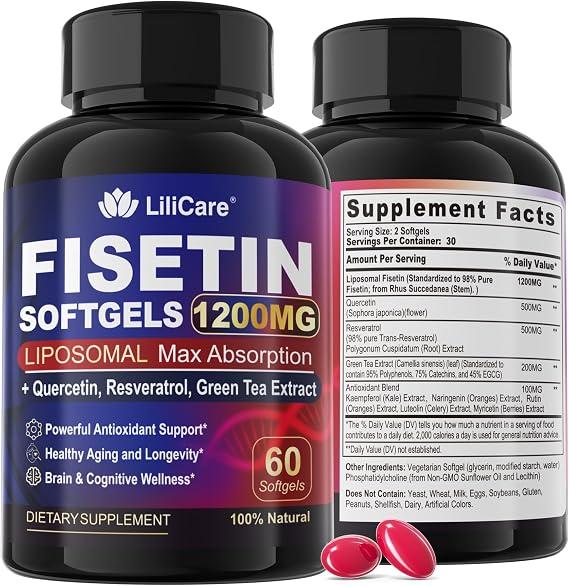 Fisetin+Resveratrol +Quercetin Supplement-Liposomal Fisetin 1200mg 98% Pure | Super Absorption Fisetin Supplement w/Green Tea+5 Antioxidant Extract for Healthy Aging &Longevity, Skin, Brain-60 Softgels