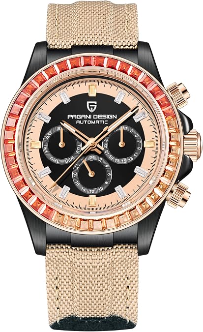 HaiQin Pagani Design Luxury Men's Automatic Mechanical Watch 40mm Synthetic Sapphire Rainbow Bezel Crystal Diamond Leather Nylon Strap Waterproof Sport Wristwatch