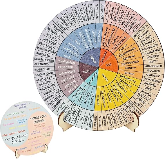 Feelings Wheel Chart for Therapy Office Desk - Double Sided Mental Health Emotions Guide with Stand, Therapist Gifts for Home Office Men & Women