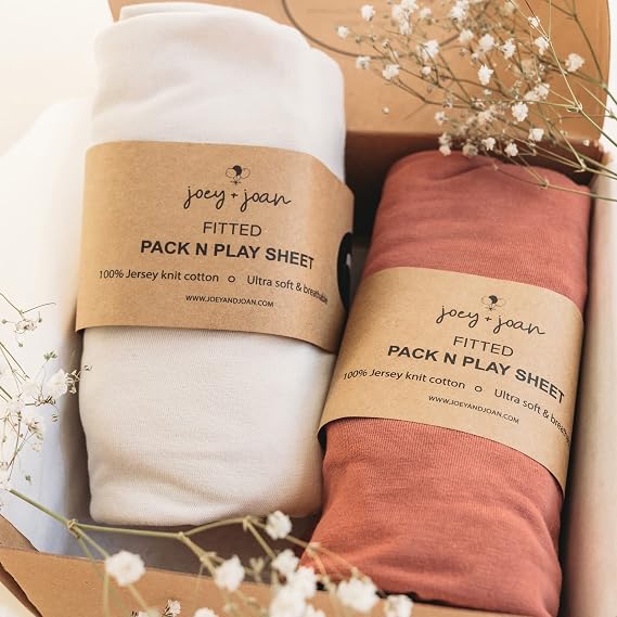 Joey + Joan Pack and Play Sheets Fitted Compatible with 4moms Breeze Plus Playard and Other Large Playpen Mattress Buttery Soft 100% Cotton Beige + Rusty Brown 2 Pack