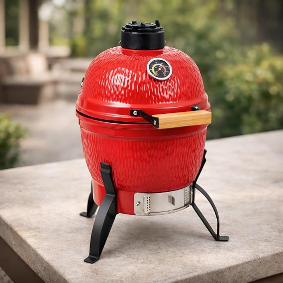 13-in W Kamado Grill with Built-in Thermometer, Oval Grill with Cast Iron Grates, Bamboo handle, Portable Ceramic Grills with Low Stand for Backyard, Patio, Deck grilling, Red