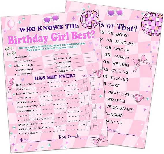Pink Birthday Game Card, 25Pcs Disco Party Cards, Who Knows The Birthday Best, Entertainment Creative Games for Friends Classmates, Double-Sided, Party Supplies and Decorations-A08