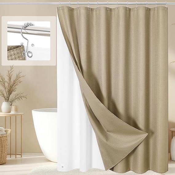 3 in 1 Light Brown Shower Curtain Set with PEVA Liner & 12 Hooks, 72 x 72