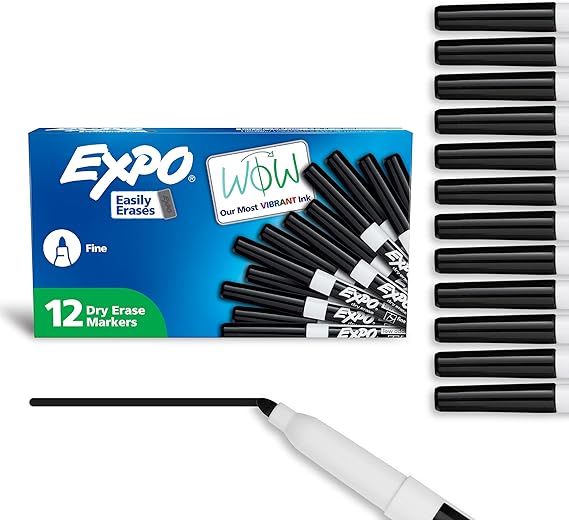 EXPO Dry Erase Markers, Low Odor Ink, Black, Fine Tip, 12 Count - Whiteboard, Calendar, Organization, Essential Supplies for Office, School, Classroom, Teachers